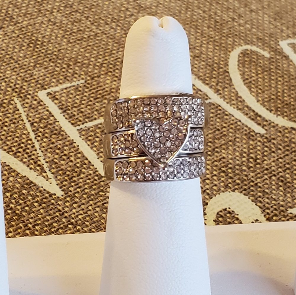 Stackable Silver Rhinestone Heart Trio Ring Set - Picture 8 of 16